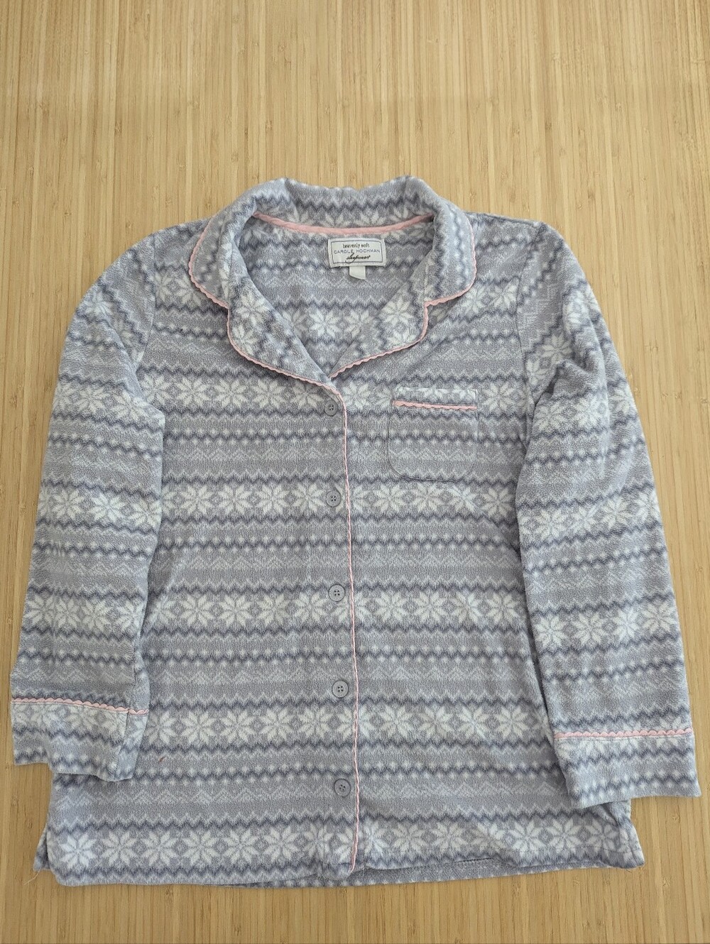 Cozy Fair Isle Button-Up Pajama Top in Light Gray & White with Pink Trim